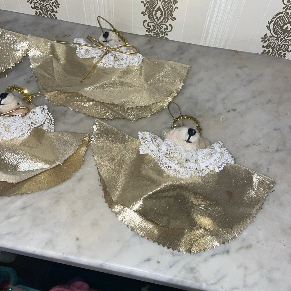 Set Of 5 Handmade Crafted Gold Angel Halo Plush Bears White Lace Collar Ornament
